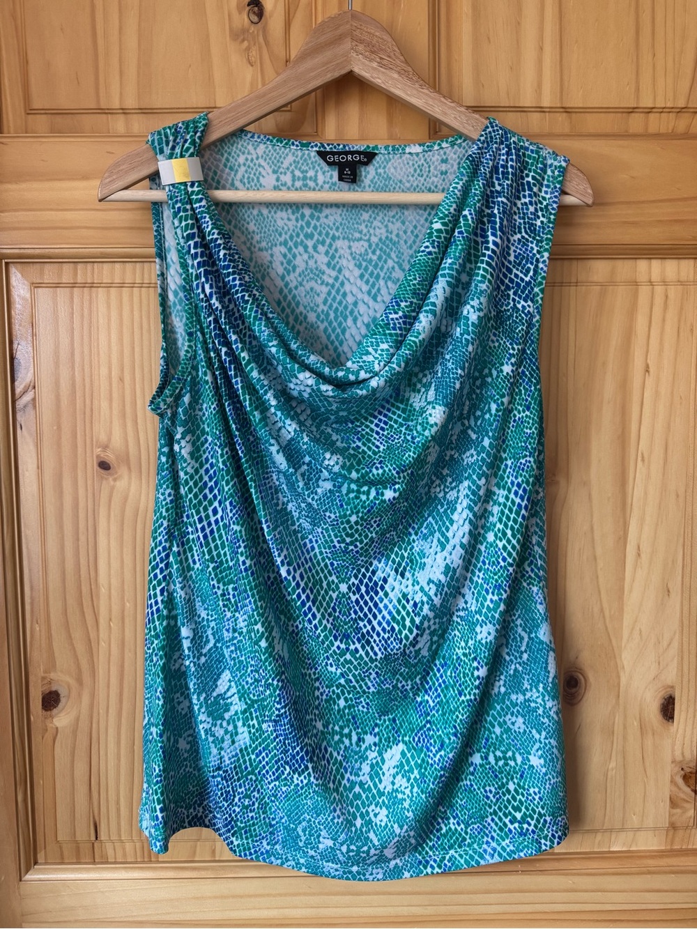 Asymmetrical Abstract Reptile Print Embellished Cowl Neck Top size medium